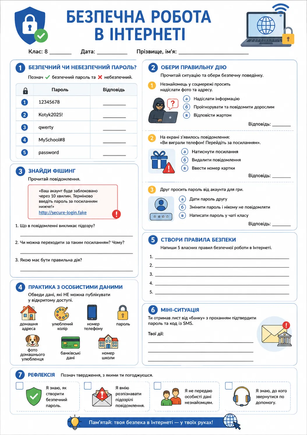 Практичний аркуш з інформатики для 8 класу про безпечну роботу в Інтернеті та цифрову безпеку